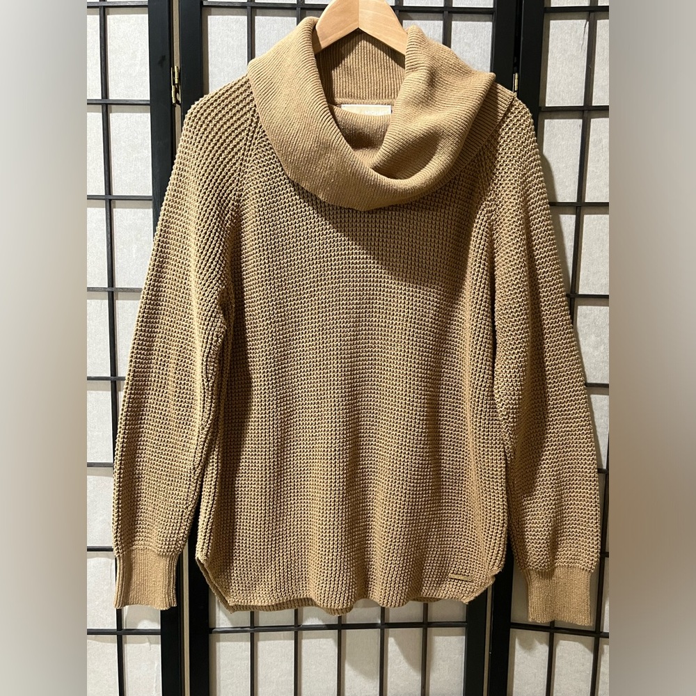 Michael Kors CLASSIC Camel COWL-NECK WAFFLE Knit Sweater WOMEN SIZE L